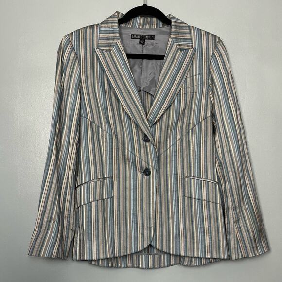 Lafayette 148 New York Striped Blue Tan Blazer Suit Jacket Coat Women’s 8 - Picture 1 of 8